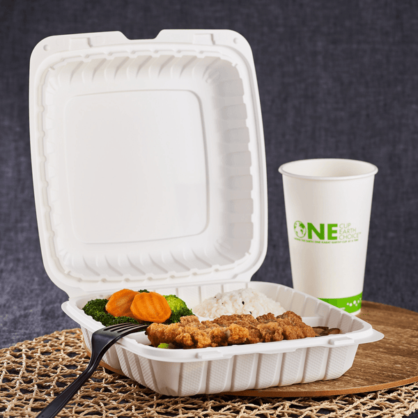 Small White Takeout Boxes - 6x6 Mineral Filled Hinged Containers