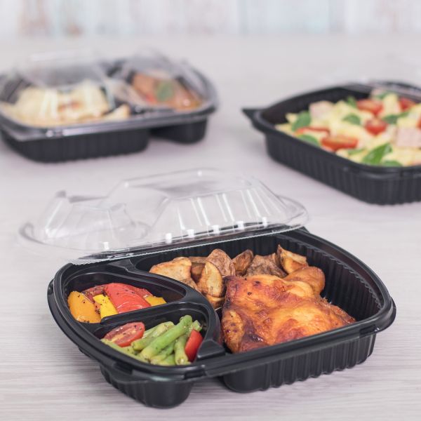 [90 Pack] 3 Compartment Black Disposable Container with Lids, Meal Prep Container, Food Storage Bento Box, Disposable, Stir Fry | Lunch Boxes | BPA