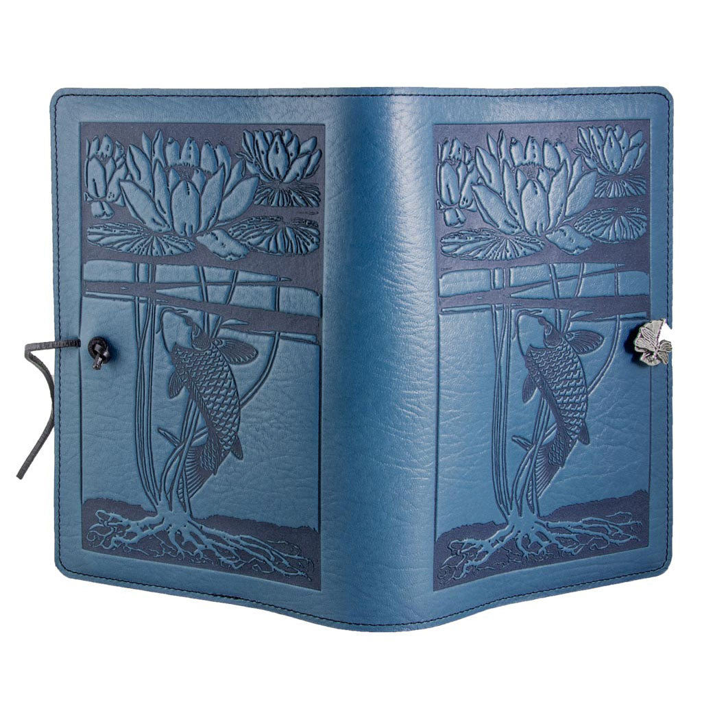 Oberon Design Refillable Large Leather Notebook Cover, Water Lily Koi, Blue - Open