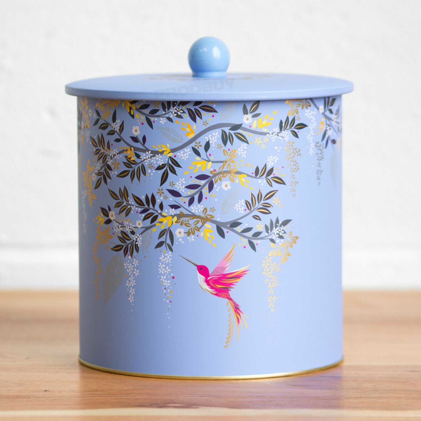 Blue Floral Bird Biscuit Barrel Cookie Container Tin