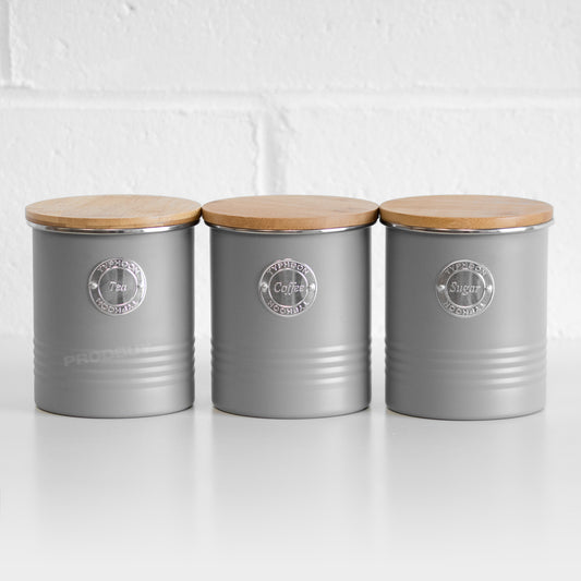 Light Grey Tea Coffee Sugar Biscuit Barrel / Cookie Jar and Wooden Bread  Bin Box Kitchen Storage Container 