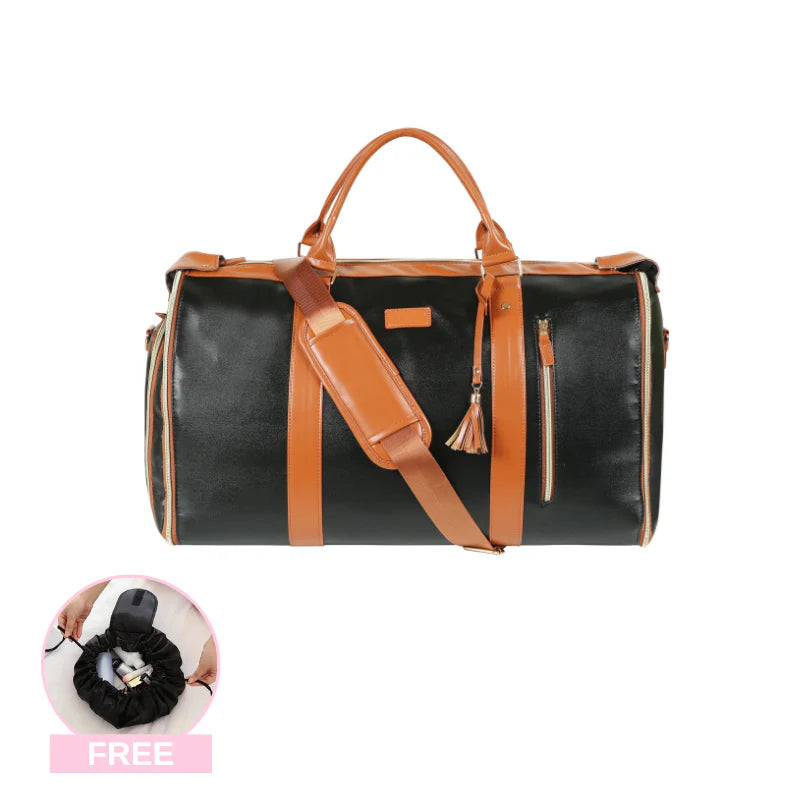 Black and brown duffel bag with a free travel makeup pouch.
