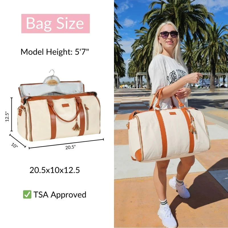 Woman holding a large beige and brown duffel bag outdoors, with bag dimensions displayed.