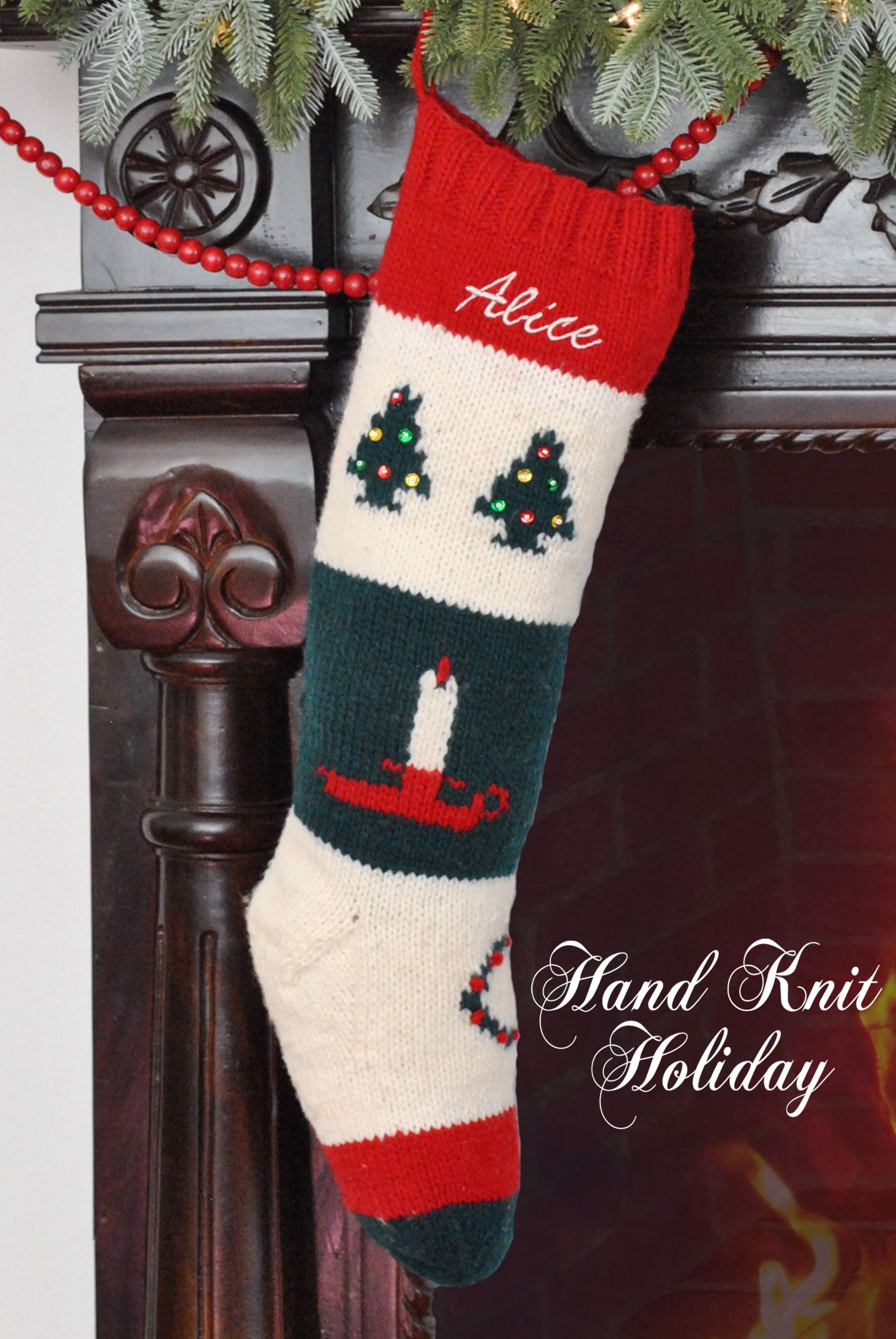 Personalized Candle Christmas Stocking Hand Knit Holiday