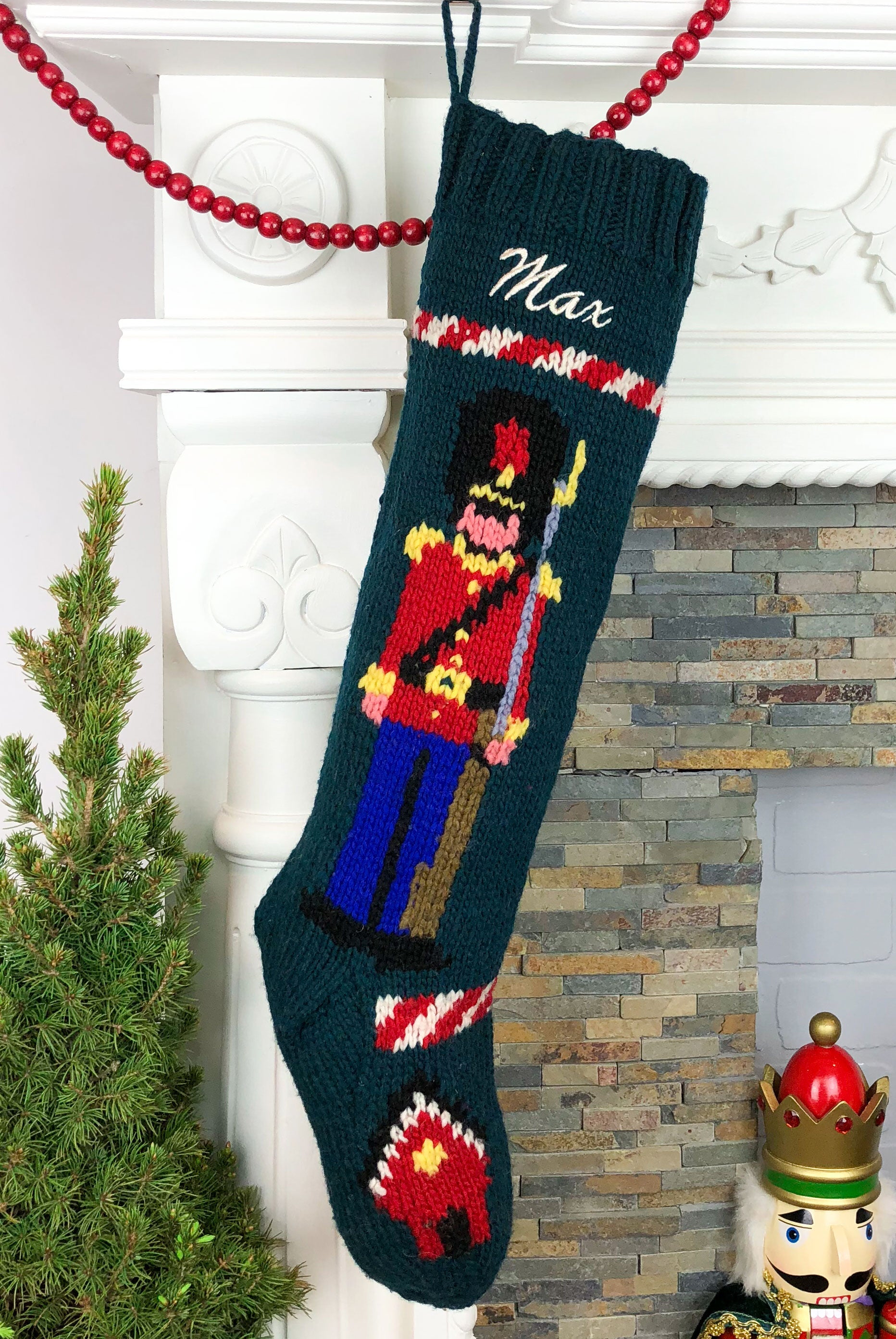 Personalized Soldier Christmas Stocking Hand Knit Holiday