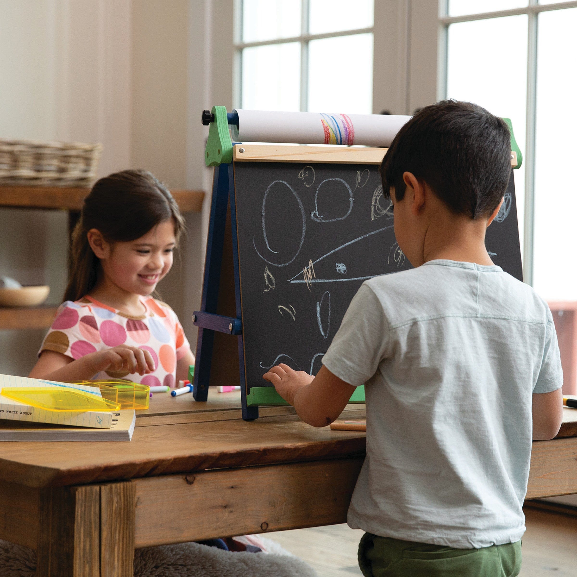 3-in-1 Folding Tabletop Easel with Chalkboard, Whiteboard, and Paper Roll Holder