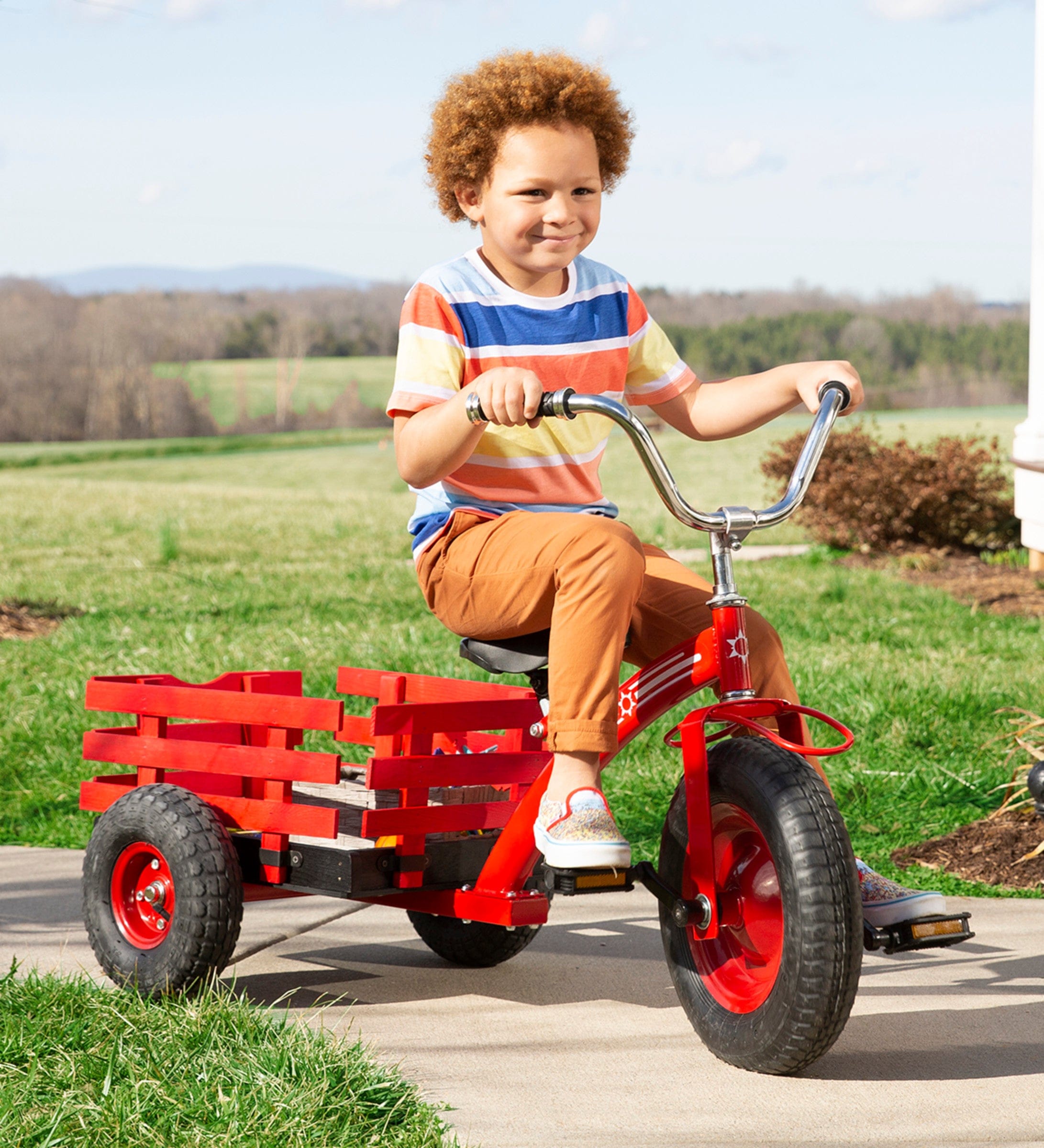 Classic Metal Tricycle with Slatted-Wood Wagon