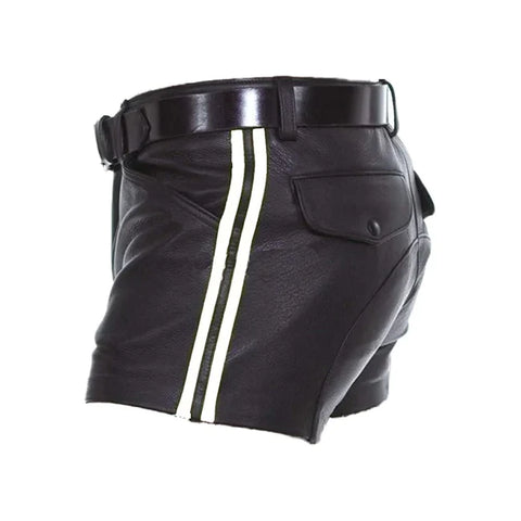 MEN'S BLACK LEATHER SHORTS WITH STRIPES