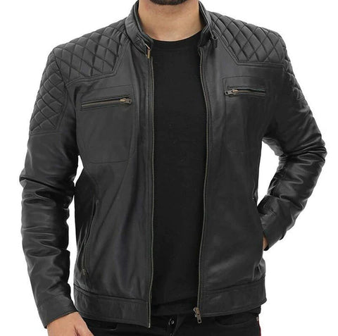 BLACK SHEEPSKIN LEATHER MEN'S BIKER QUILTED JACKET