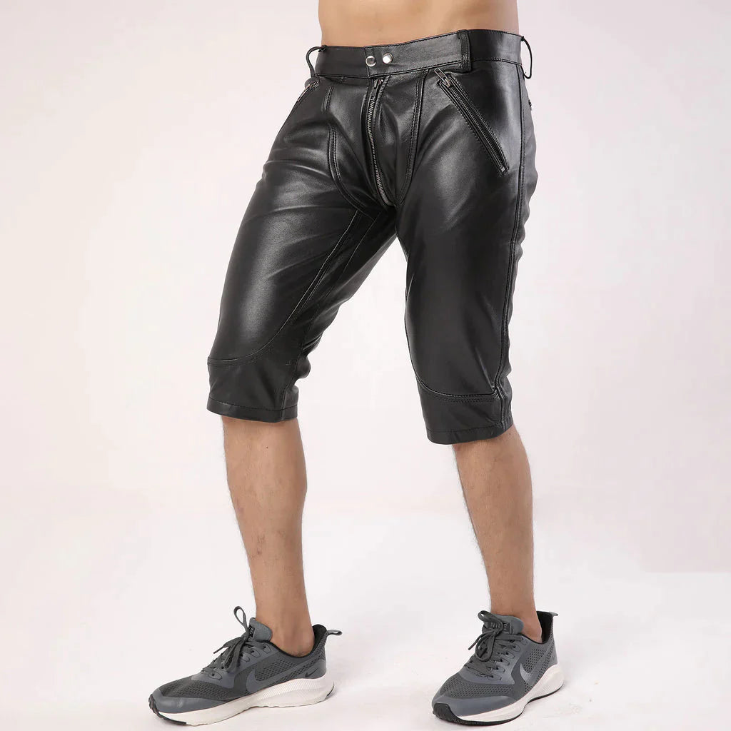 FULL BACK ZIPPER MEN'S LEATHER SHORTS