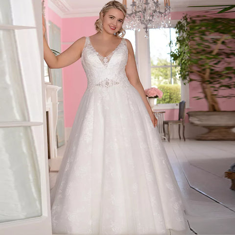 A Line of Beaded Plus-size Women Bridal Dresses