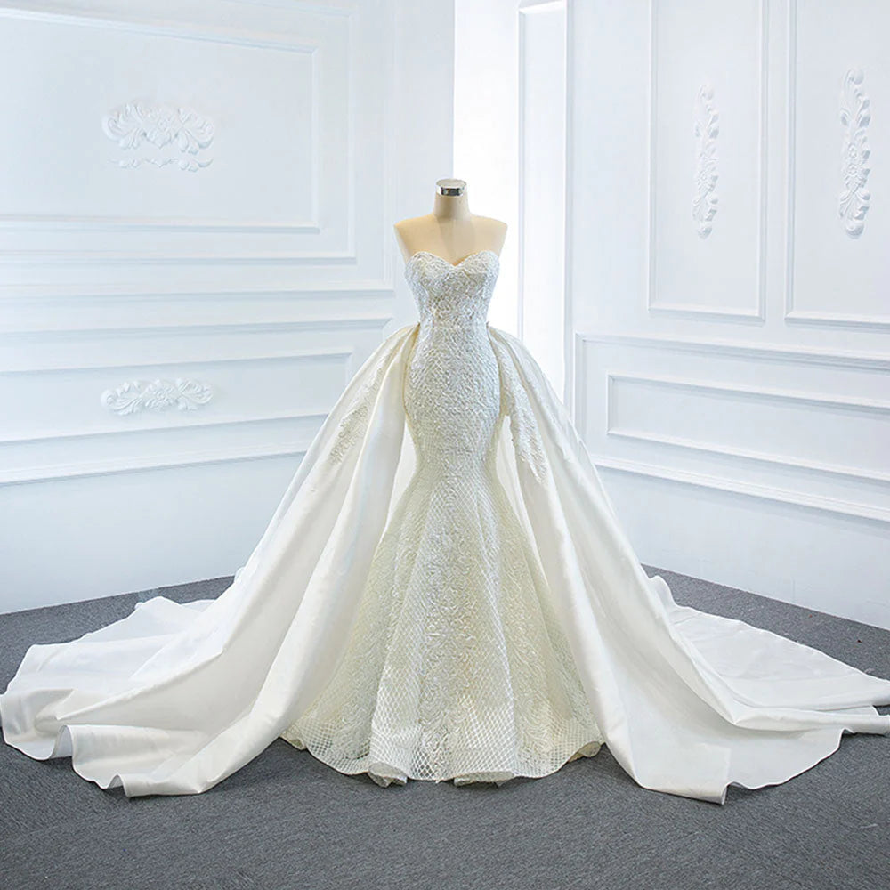 PEARLS LACE MERMAID WEDDING DRESS WITH DETACHABLE CHAPEL TRAIN