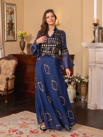 Embroidery Sequins Belted Women's Kaftan Dress