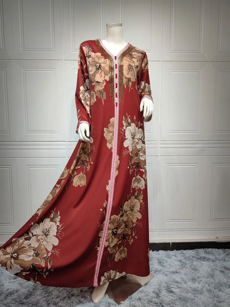 Floral Print Rhinestone Women's Kaftan Abaya Dress