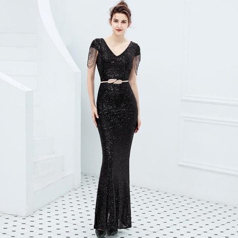 Sequin Evening Elegant V Neck Beaded Party Bodycon Maxi Dress