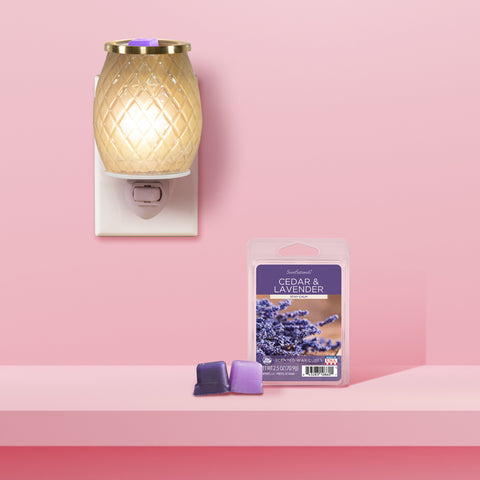 Wax warmer plugged into outlet on pink wall