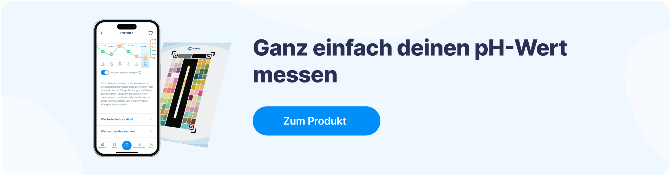 CASC Flow Testkit in Nahaufnahme, ein spezielles Diagnosewerkzeug zur Messung des pH-Werts im Urin, um den Säure-Basen-Haushalt des Körpers zu überwachen und gesundheitliche Probleme frühzeitig zu erkennen.