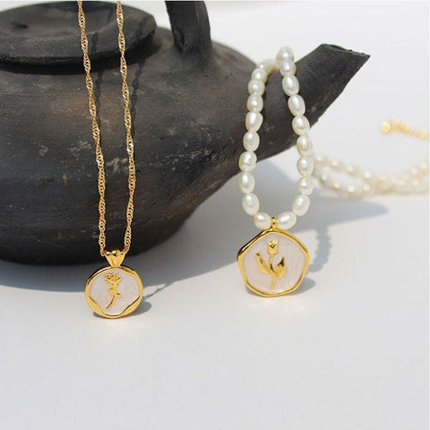 'J’adore' 18k Gold Pearl Medallion Necklace Set, White Tulip & Rose Design | Minimalist Chic