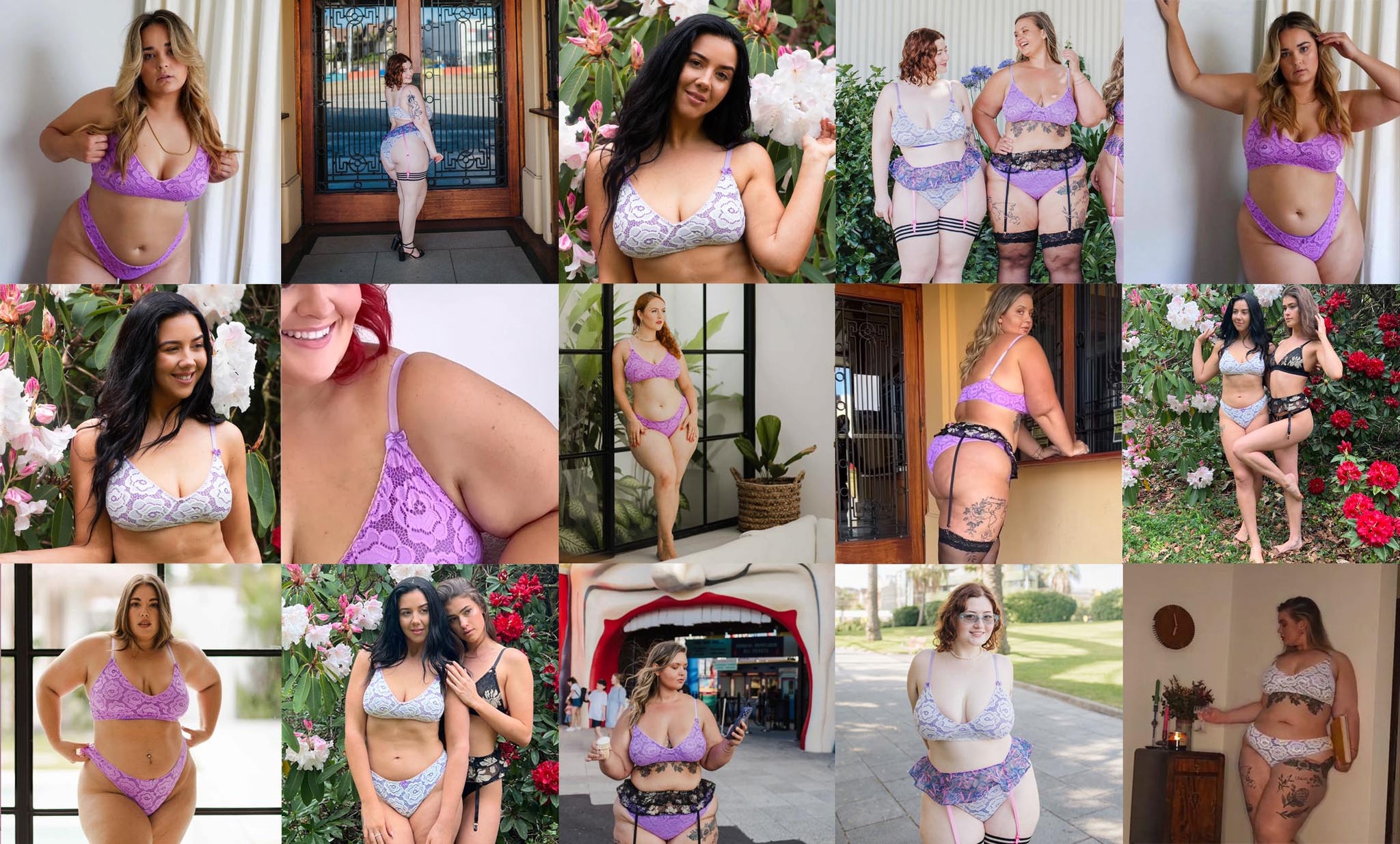 Photo gallery of women wearing the Gidget Set in a diverse range of sizes and backgrounds