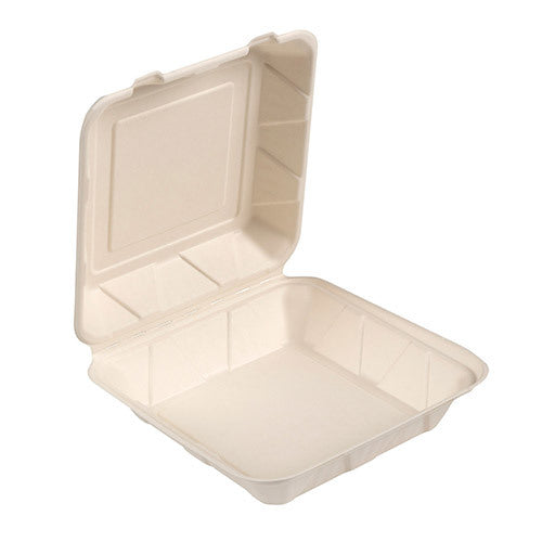Container, Hinged, Fiber, Compostable, White, 1 Compartment, 9