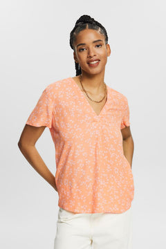 Short Sleeve Oversized Crepe V Neck Blouse - Pastel Orange