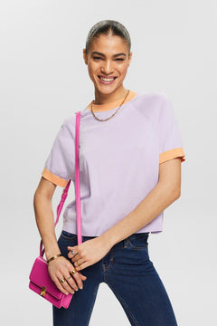 Two Tone Cropped Short Sleeve Sweater - Lavender