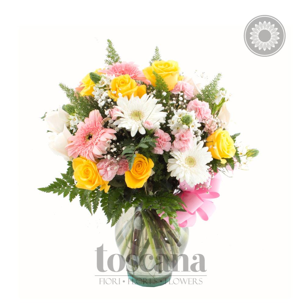Florero con 12 Rosas Amarillas, 4 Gerberas Blancas y 4 Rosadas - Monto –  Toscana Flores