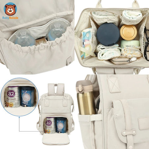 sac à dos à langer avec plusieurs poches et compartiments de rangement pour les affaires de bébé et maman