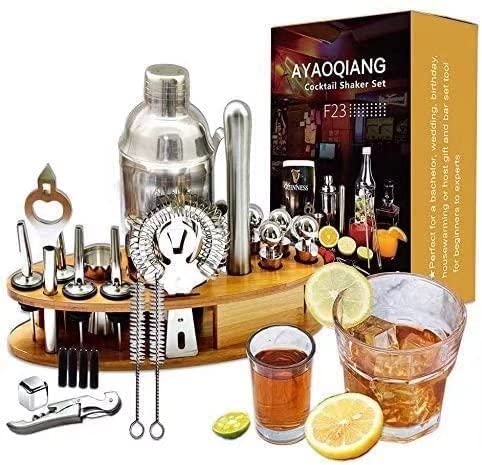 Galrose Dezigns Cocktail Shaker Set - 6 Bar Tools Bar Accessories Rustic Galvanized Iron Bar Set Rose Gold Trim - Mixology Bartender Kit with Stand.