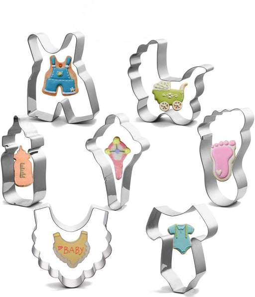 Moleou Baby Shower Cookie Cutter Set, 7Piece Cookie Cutters Include: Onesie, Bib, Baby Carriage, Bottle, Rattle, Rocking Horse and Frame, with Extra