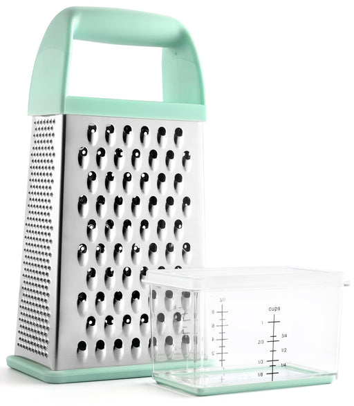 Ourokhome Cheese Grater with Handle, Stainless Steel Box Grater, 4 Side Kitchen Vegetable Shredder Slicer Zester with Container for Parmesan