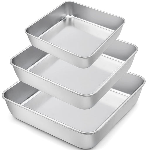 TeamFar Rectangular Cake Pan Set of 3, 10.5'' x 8'' x 2'' Stainless Steel  Baking Roasting Lasagna Brownie Cake Pan, Non-toxic & Sturdy, Brushed