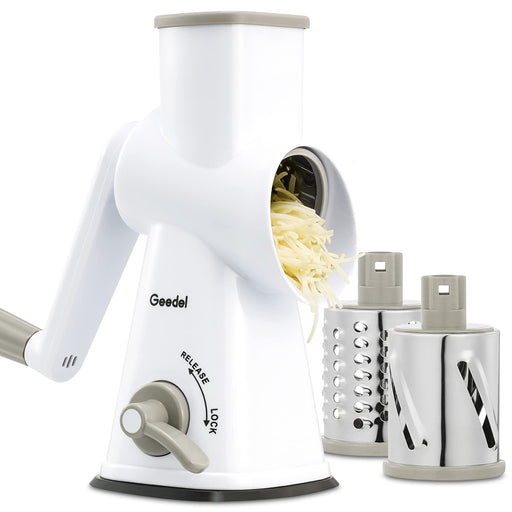 Favia Rotary Cheese Grater with Handle - Food Shredder with 3 Stainless Steel Drum Blades