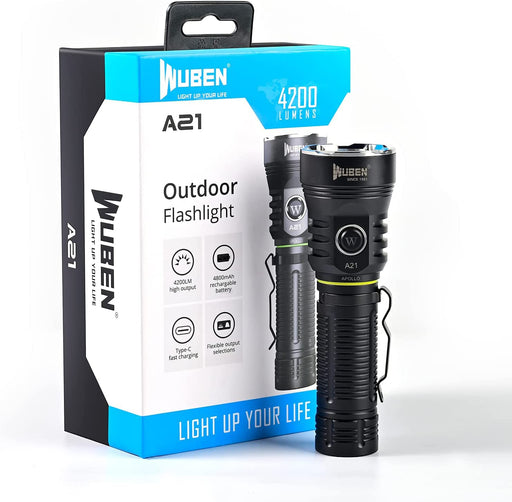 WUBEN T70 Rechargeable Flashlight, 4200 Lumens, 5000mAh Battery,  Waterproof, 6 Lighting Modes, Stepless Dimming, USB Rechargeable, IP68