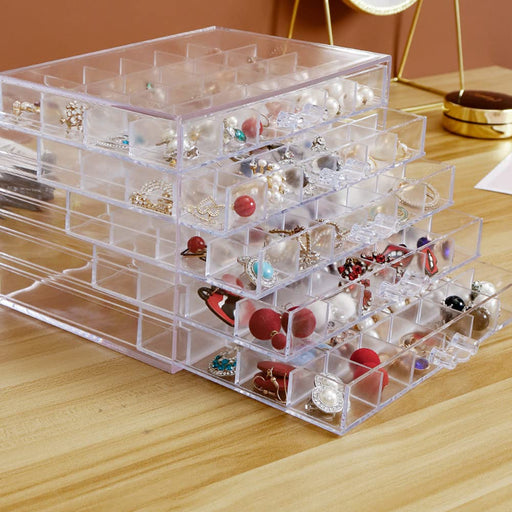 Frebeauty Acrylic Jewelry Organizer,Earring Organizer Box with 5 Drawers  Clear Jewelry Box with Velvet Trays for Women,Stackable Earring Display