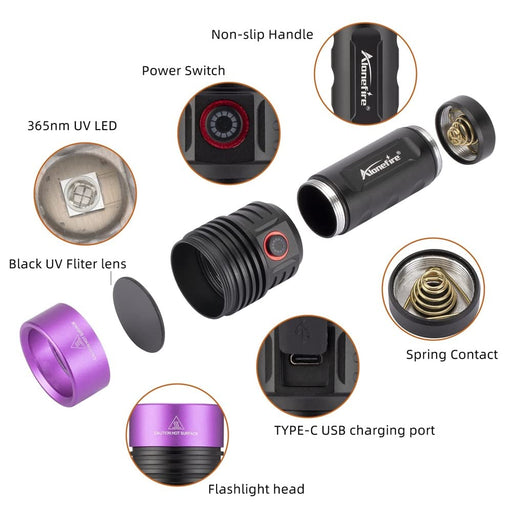 Alonefire SV47 12W 365nm Linterna UV recargable USB de largo alcance  ultravioleta luz negra detector de orina para curado de resina, pesca,  escorpión