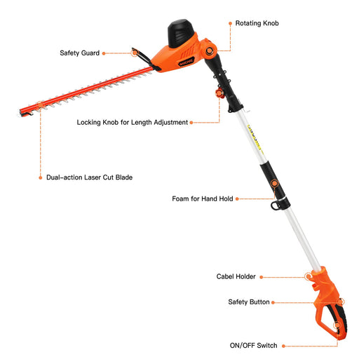  GARCARE Electric Hedge Trimmer Corded with Extension Pole 18  Inch Dual-Action Laser Blade Bush Trimmer 600W, 4.8 Amp Garden Trimmers :  Patio, Lawn & Garden