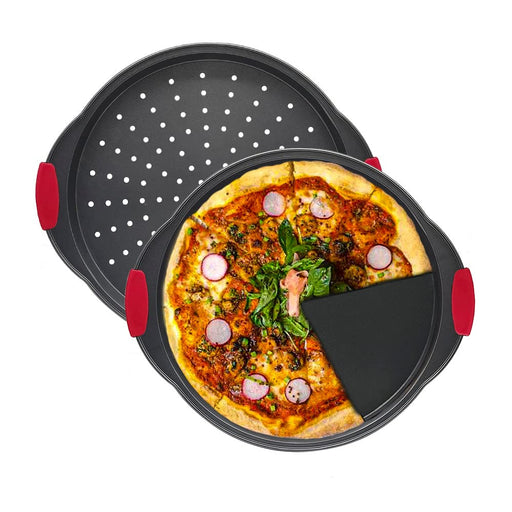 Pizza Tray – 2 Round with Silicone Handles – Carbon Steel Pizza Pan wi —  CHIMIYA