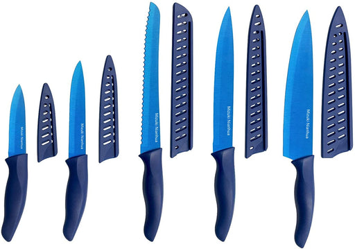 SiliSlick Steak Knife Set - Iridescent/Rainbow Titanium Coated Stainless Steel Knives - 5 inch / 12.7cm - (Blue) Blue Handle / 4