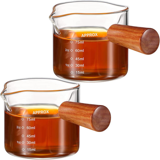 COFISUKI Espresso Shot Glasses 2.5oz Double Spouts Measuring Cup Espresso Accessories with Wood Handle for Barista Coffee Espresso Makin