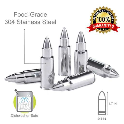 WHISKEY STONES EXTRA LARGE 6 PCS. STAINLESS STEEL SILVER BULLETS with —  CHIMIYA