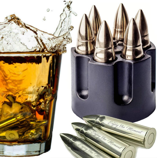 Set of 6 Whiskey Bullet Stones Extra Large with Realistic Revolver Freezer Base, Silver