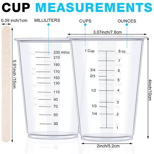 100 Pack Plastic Measuring Cups, 8 oz Disposable Mixing Cups with 100 Wooden Mixing Sticks, Can Be used for Epoxy Resin, Liquid Measuring, Paint Mixin