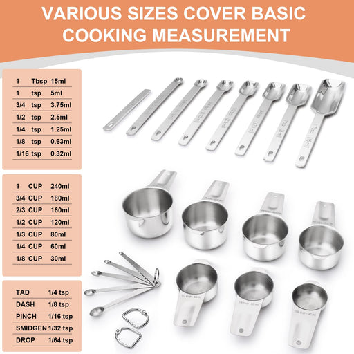 KPKitchen Stainless Steel Measuring Cups and Spoons Set of 16 - 7 Cup & 7  Spoon + Conversion Chart & Leveler - Metal Measuring Spoons and