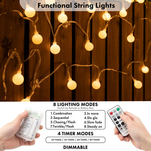 16.4ft Battery Operated Globe String Light with Remote, Warm White, 8  Modes, 50 LED - Lepro