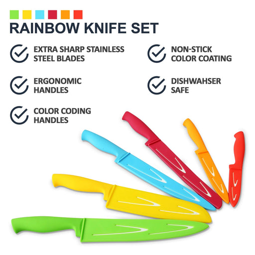 FASAKA 6 Piece Colorful Knife Set - 5 Kitchen Knives with 2 Peeler -  Non-Stick Stainless Steel Chef Knife Set - Gradient Rainbow Knives with  Peeler