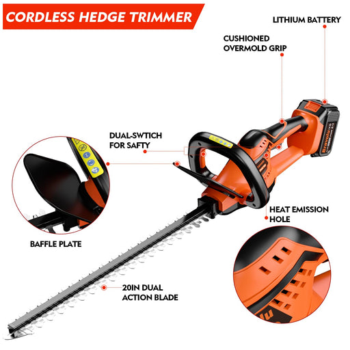 Hedge Trimmer Maxlander Hedge Trimmer Cordless with 22”Dual-Action Blade,  Electric Hedge Trimmer Include 20V 2.0Ah Battery and Fast Charger