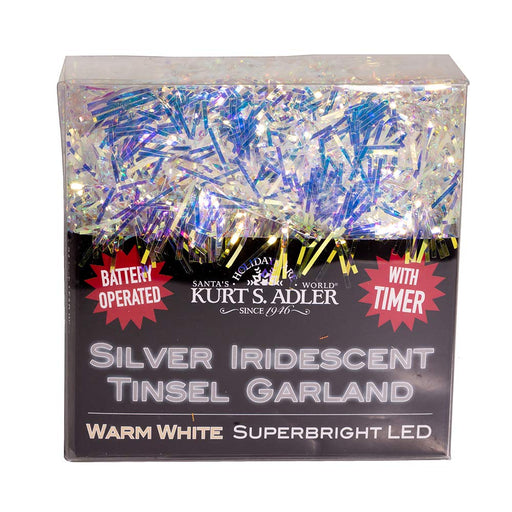 Kurt Adler 9.8-Foot Pre-Lit Silver Iridescent Tinsel Garland with 30 Warm  White Super Brite LED Bulbs Novelty Light Set, (BAT0307WW)