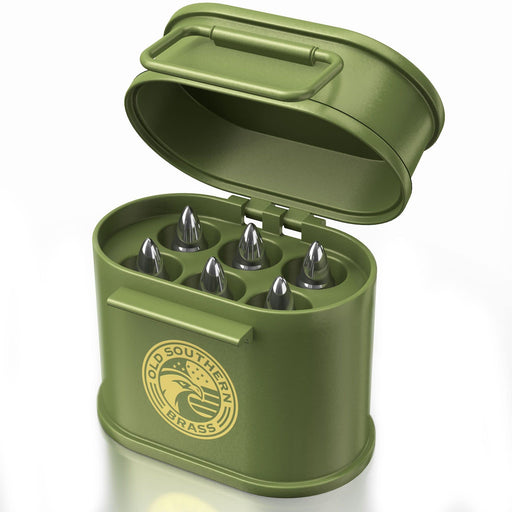 Bullet Whiskey Chillers Stones in Green Ammo Can - 1.75in Whiskey Rocks -  Stainless Steel Bullet Shaped Ice Cubes, Gift Box Come, Tongs and Storage