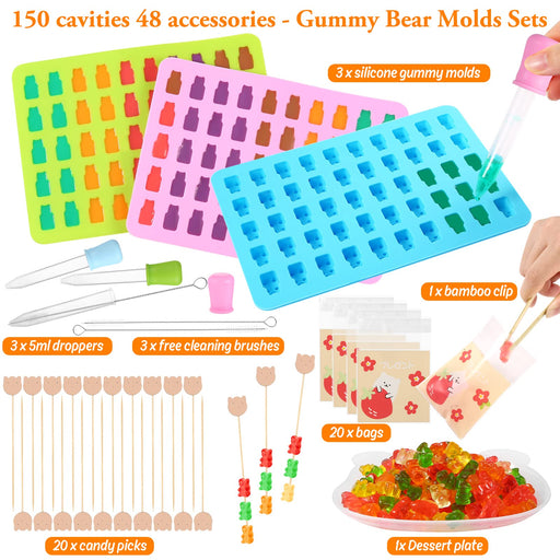 Large Gummy Bear Molds 5 ML, BPA-FREE Silicone Chocolate Candy Gummy Molds  with 4 Droppers and Cleaning Brush 140 Cavity, Set of 4